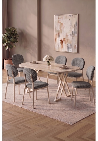 Hooli 90x168 Traverten Mdf Masa, Metal X Ayak, Metal Sandalye, 6 Kişilik Mutfak Masası Takımı Ve Yemek Masası Takımı Antrasit