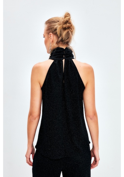 Sateen Kolsuz Parlak Bluz - Siyah