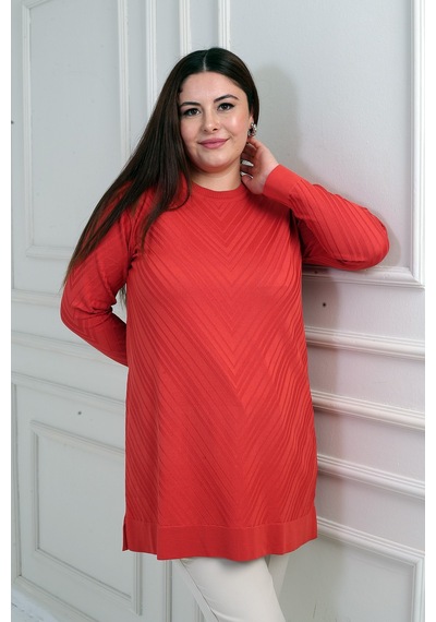 By Saygı Kadın Yuvarlak Yaka Büyük Beden Tunik Bluz Oranj