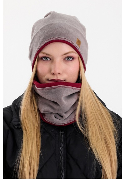 Butikgiz Kadın Dış Kısım Polar, İç Kısım Kaşkorse Pamuklu, Çift Renk, Çift Kat, Katlanabilir Bere Boyunluk Set Gri-bordo