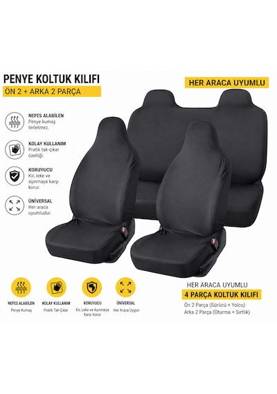 Oto Servis Kılıfı Penye Kılıf Siyah Universal Ön Ve Arka Koltuk Kılıfı Penye Universal