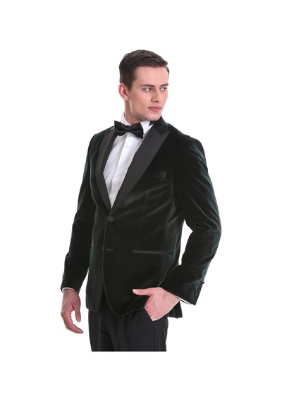 Hatemoğlu Yeşil Slim Fit Düz Sivri Yaka Kadife Klasik Smokin Damatlık 3312 Yeşil