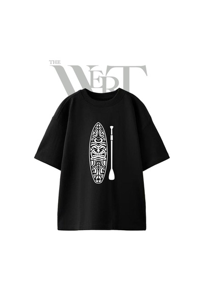 Thewert Tiki Surfboard Tasarım Baskılı Ünisex Siyah Oversize T-shirt