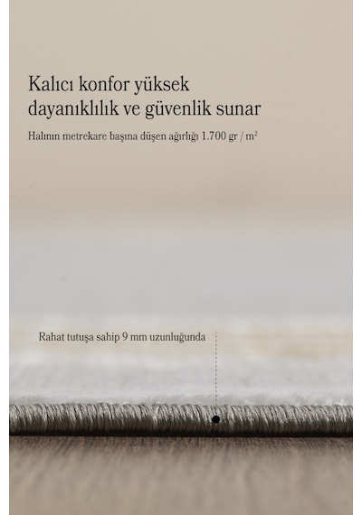 Modern Tasarımlı Pamuk Tabanlı Karo Mermer Desenli Saçaklı Altın Renkli Halı Altın