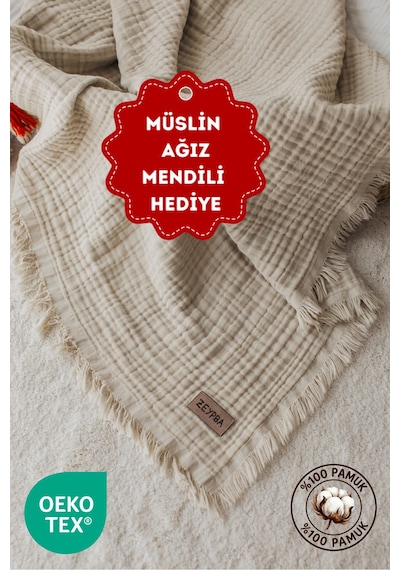 Zeypba % 100 Pamuk 4 Katlı Müslin Örtü Bebek & Çocuk İçin 110x110 CM Bej