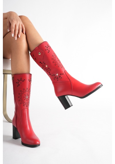 Analin Shoes Kadın Hakiki Deri Yıldız Ve Lazer Kesim Detaylı Topuklu Çizme Kırmızı