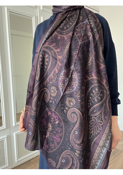 Modakaşmir Aminenesil Etnik Desen Soft Pamuk Şal Mor Yeşil A.mor