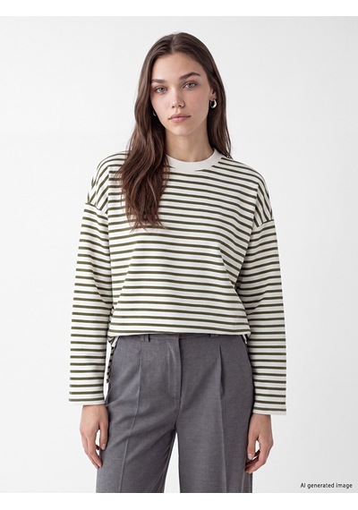 Lcw Modest Haki Çizgili Oversize Kadın Sweatshirt Tunik