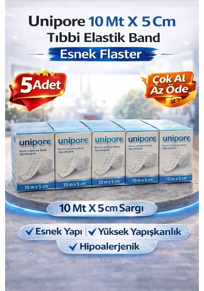5 Adet Unipore 10mt X 5cm Tıbbi Elastik Band Esnek Flaster