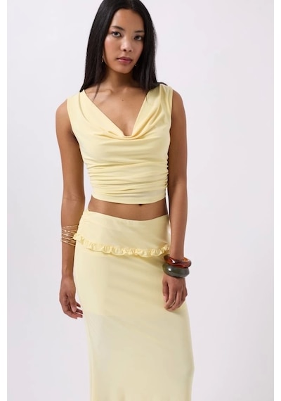 Defymoda Degaje Yaka Crop Sarı
