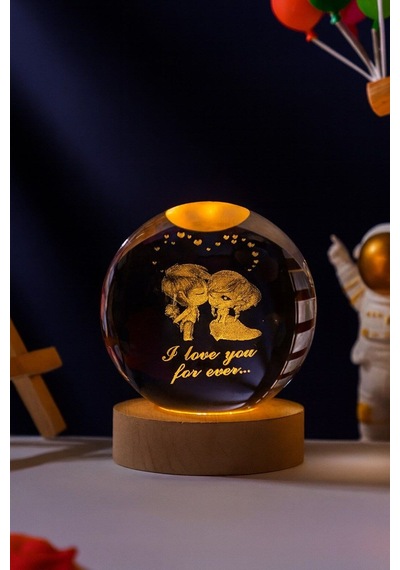 Ledli Usb'li Ahşap Standlı Sevgili Çiftler I Love You Forever Kristal Küre Renkli Rgb Led 3d Lamba Kar Küresi