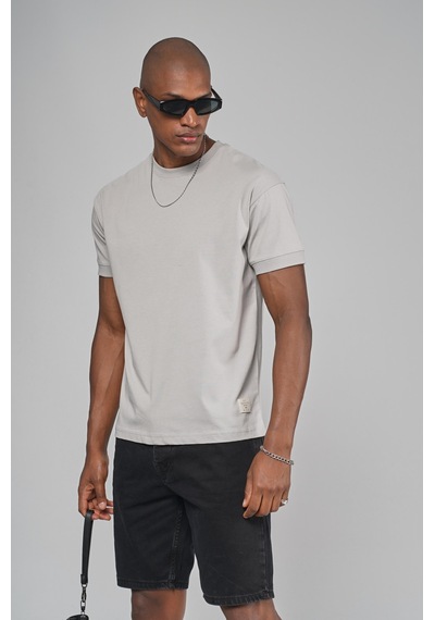 King Brich Slim Fit Kalıp Kolu Ribanalı Basic %100 Pamuklu Tişört Gri