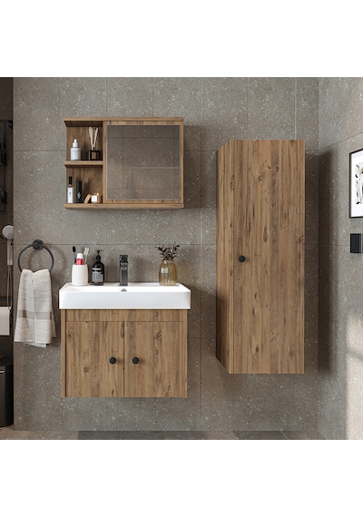 Ada Lavabolu Banyo Alt Dolabı + Banyo Üst Dolabı + Banyo Boy Dlp Atlantik Çam