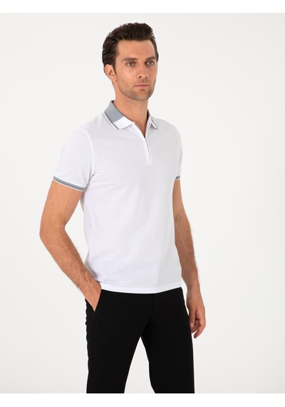Beyaz Slim Fit %100 Pamuk Fermuarlı Polo Yaka T-shirt