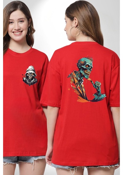 Zombi İskelet Kendine Yumruk Kırmızı Oversize Unisex Ön Ve Sırt Baskılı Tişört Kırmızı