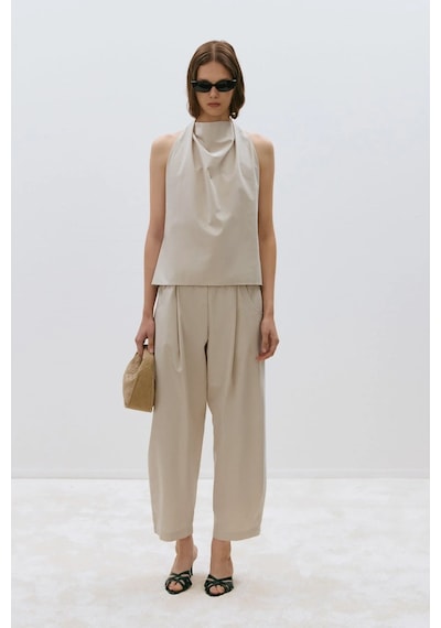 Suud Collection Bej Marty Halter Yaka Poplin Bluz