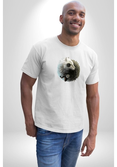 Yin İle Yang Beyaz Siyah Kurt Unisex Unisex Beyaz Organik Baskılı T-shirt Penye Yüksek Kalite Beyaz