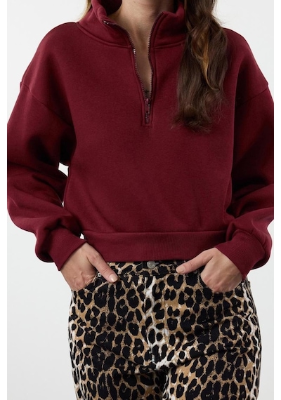Ersefa Fitted Fermuarlı Yaka Crop Rahat Kesim Crop Basic Fermuarlı Kalın Bordo