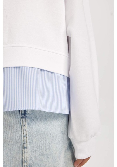 DeFacto Kız Çocuk Relax Fit Bisiklet Yaka Etek Ucu Detaylı Sweatshirt D0703A824AUWT34 Beyaz