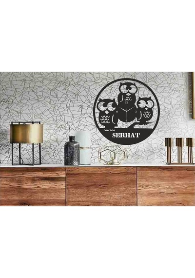 Kişiye Özel Isimli Baykuş Temalı Ahşap Duvar Saati Hediyelik Siyah
