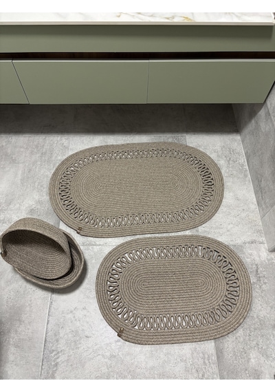 Mavaux Terra 4 Lü Banyo Seti 2 Li Oval Paspas & 2 Li Oval Sepet, Doğal Halat Dokuma, El Yapımı - Premium Taş Kırçıl