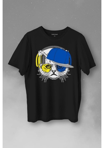 Cat Glasses Gözlüklü Sarı Lacivert Kedi Baskılı Tişört Unisex T-shirt 001
