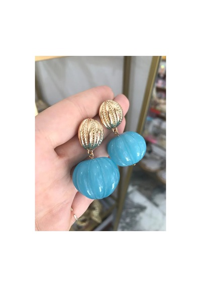 Mavi Ve Gold Detaylı Küpe