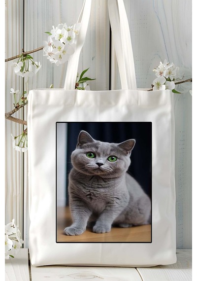 Art Hediye British Shorthairt Kedi Baskılı Bez Çanta Omuz Çantası Kişiye Özel Model 11 Çok Renkli