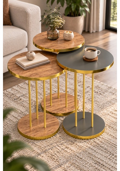 Sulorahome Ceviz Desenli Gold Ayaklı Yuvarlak 3'lü Zigon Sehpa Takımı Altın - Kahverengi