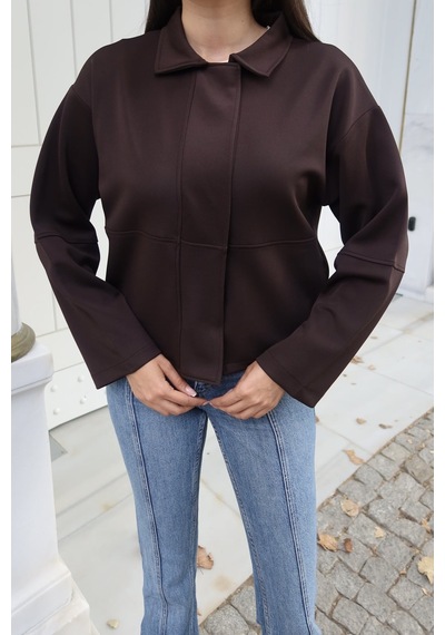 Kechi Woman Dalgıç Kumaş Gömlek Yaka Gizli Düğmeli Crop Ceket Kahverengi