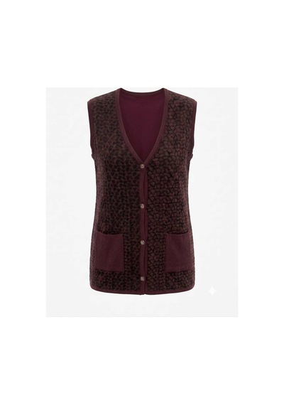 Onno Style Women Çelik Örgü Klasik Leopar Desen Triko Yelek Bordo