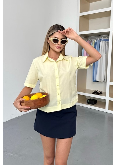 Jee Lee Kadın Kısa Kollu Pamuklu Basic Gömlek Sarı - 26y 2127 Sarı