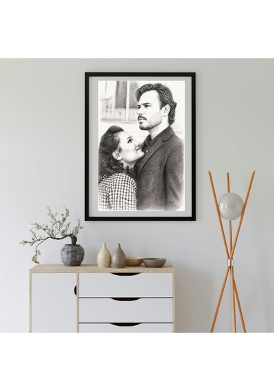 Sevgiliye Hediye Fotoğraftan Karakalem Resim Baskılı Yapışkanlı Çerçeve