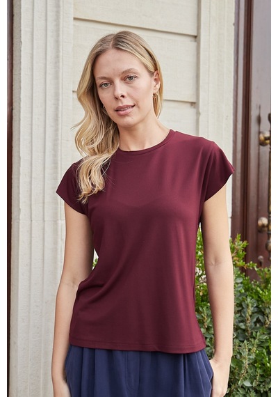 Jument Kadın İpeksi Kumaş Geniş Sıfır Yaka Kısa Kol Tshirt Bluz-bordo