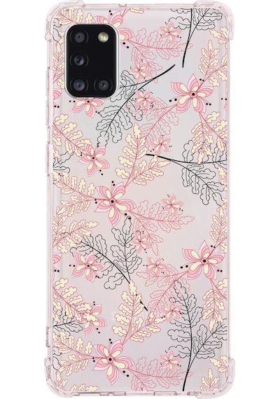 Samsung Galaxy A31 Uyumlu Köşe Korumalı Antişok Kapak Floral Kırmızı Tasarımlı Şeffaf Kılıf