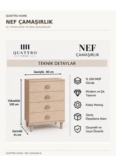 Nef Çekmeceli Çamaşırlık Meşe