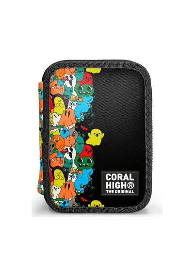 Coral High Kids Siyah Karikatür Desenli Çift Katlı Kalem Çanta 11150 Çok Renkli
