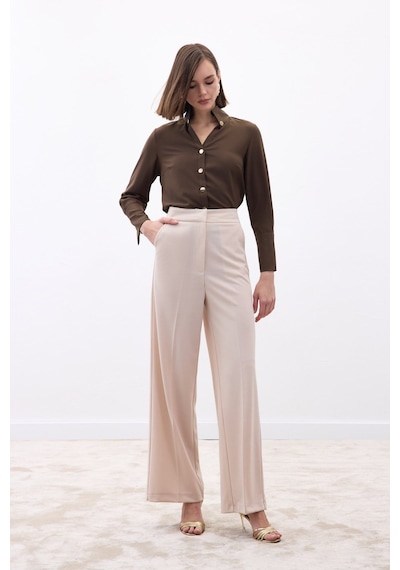 Sateen Palazzo Krep Pantolon - Taş-136714 Taş