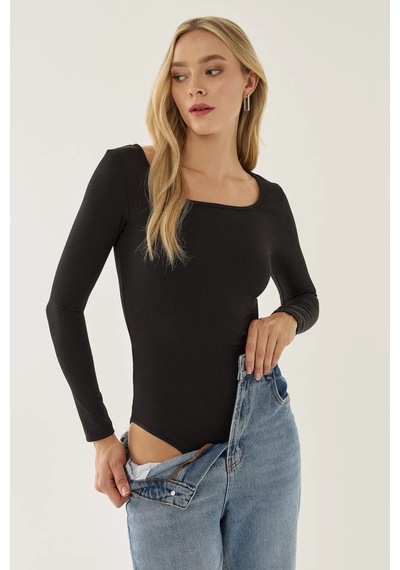 Hiccup Kare Yaka Uzun Kollu Body Siyah