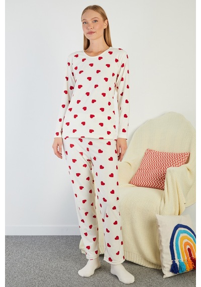 Fullamoda Kalp Desenli Bisiklet Yaka Süet Pijama Takımı Ekru