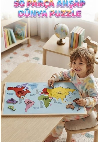 Ahşap Çift Katlı Dünya Haritası Puzzle 50 Parça Eğitici Ve Öğretici Coğrafya Oyunu