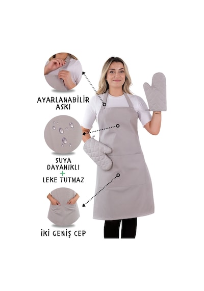 Simple 3lü Set Ayar Askılı Cepli Mutfak Önlüğü Seti 2 Eldiven Şef Garson Kafe Aşçı Barista Açık Gri