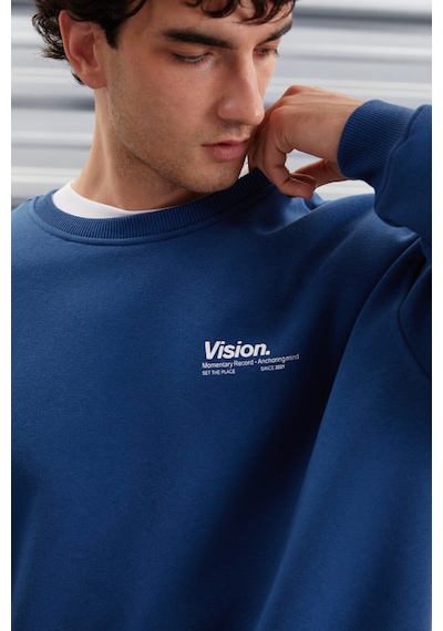 Grimelange Ernest Erkek Yumuşacık Kumaşlı Oversize Fit Yuvarlak Yakalı Baskılı Mavi Sweatshirt
