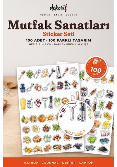 Mutfak Sticker Seti 100 Adet - Yemek Pişirme Gereçleri Ve Malzemeleri Suluboya Ajanda Çıkartma Çok Renkli