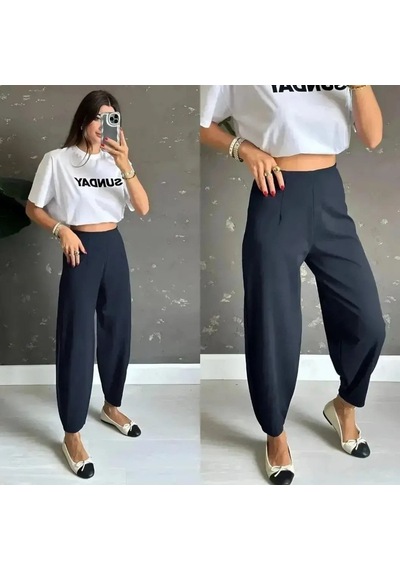 Aesco Kadın Krep Kumaş Balon Pantolon Lacivert