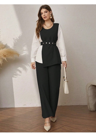 Moderie Butik Kadın Uzun Kollu Açık Yakalı Çift Renkli Kemerli Ithal Krep Ikili Takım Siyah Moderie Butik Kadın Uzun Kollu Açık Yakalı Çift Renkli Kemerli Ithal Krep Ikili Takım Siyah