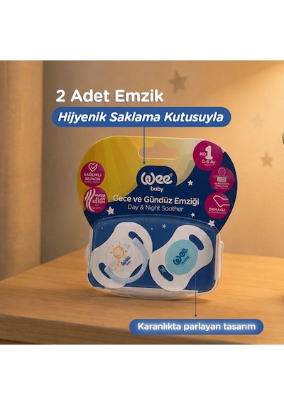 2'li Gece Gündüz Emzik No:1  Mavi (Saklama Kabı Hediyeli) 0-6 Ay