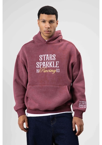 Vamos Oversize Nakış Baskılıkapüşonlu Sweatshirt Bordo