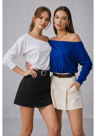 Rich Kadın 2'li Paket Saks Mavi - Beyaz Düşük Omuz Modal Bluz Saks Mavi-beyaz