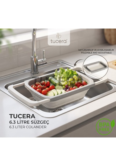 Tucera Ayarlanabilir Katlanabilir Lavabo İçi Süzgeç 6.3 Litre Geniş Hacimli Meyve, Sebze Ve Makarna Süzgeci Krem